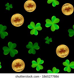 Clover Leaves with Golden Coin Seamless Pattern Background Vector Illustration EPS10