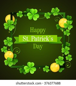 Clover leaves and golden coins on a green background. Card for St. Patrick's Day