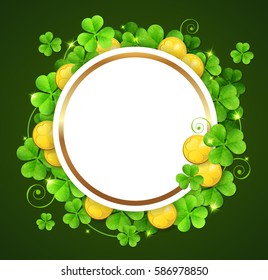 Clover leaves and golden coins on a green background. Design for St. Patrick's day.
