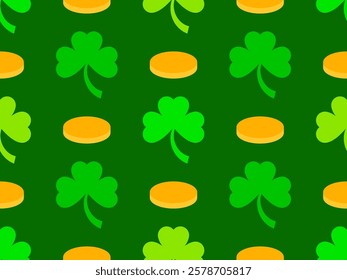 Clover leaves and golden coins seamless pattern for St. Patrick's Day. Shamrock clover is a symbol of good luck. Design for covers, wrappers, wallpapers and banners. Vector illustration