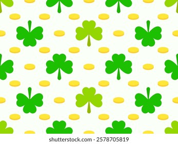 Clover leaves and golden coins seamless pattern for St. Patrick's Day. Shamrock clover is a symbol of good luck. Design for covers, wrappers, wallpapers and banners. Vector illustration