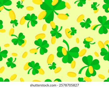 Clover leaves and golden coins seamless pattern for St. Patrick's Day. Shamrock clover is a symbol of good luck. Design for covers, wrappers, wallpapers and banners. Vector illustration