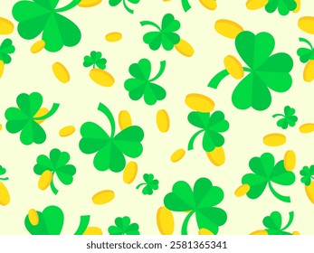 Clover leaves and golden coins seamless pattern for St. Patrick's Day. Shamrock clover is a symbol of good luck. Design for covers, wrappers, wallpapers and banners. Vector illustration