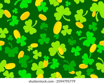 Clover leaves and golden coins seamless pattern for St. Patrick's Day. Shamrock clover is a symbol of good luck. Design for covers, wrappers, wallpapers and banners. Vector illustration