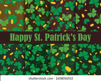 Clover leaves and golden coins set of seamless patterns. St. Patrick's Day, Irish holiday. Background for greeting card, wrapping paper, promotional materials. Vector illustration