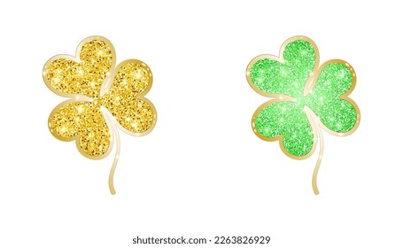 Clover leaves with golden and green glitter texture and gold edging, isolated on a white background. Symbol of luck, success and wealth. Vector shamrock set for St. Patrick's Day and print for t-shirt