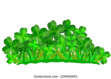 Clover leaves and grass isolated on white background. Green four-leaf clovers field. Happy St. Patrick's Day design element. Lawn with shamrock. Tussock of lucky shamrock. Stock vector illustration