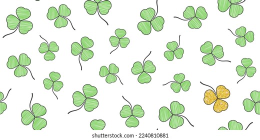 Clover leaves with a green linear texture and golden glitter texture on a white background. Endless texture with shamrock. Vector seamless pattern for St. Patrick`s Day, surface texture, cover, print