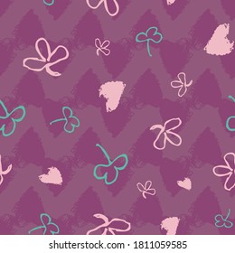 Clover leaves and hearts seamless vector pattern. Simple botancial doodle shapes surface print design for fabrics, stationery, scrapbook paper, gift wrap, and packaging.