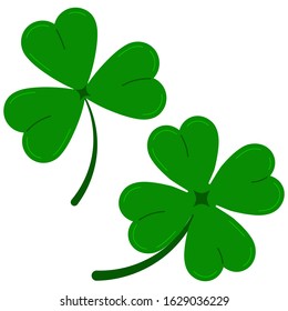 Clover leaves icon set isolated on white background: green lucky four leaf clover and shamrock clover. Flat design cartoon style vector illustration. Traditional Irish symbol for St. Patrick's day.