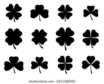 Clover leaves icon set isolated on white background. Black silhouettes of clovers for St. Patrick's Day. Four-leaf and three-leaf clovers for good luck. Vector illustration