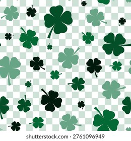 Clover leaves imprints seamless pattern on gingham background. Summer, Spring, or Saint Patrick day background. Vector illustration.