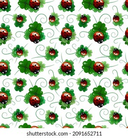 Clover leaves and ladybugs seamless pattern. Vector ornament for the holiday St. Patrick's Day.