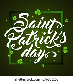 Clover leaves and lettering on a green background for St. Patrick's Day