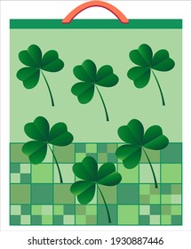 Clover leaves on a green checkered background. St. Patrick's Day celebrations. Drawing for a bag, a paper bag, bedding and more.