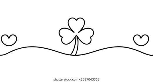 Clover leaves one continuous line for St. Patricks Day background. Minimal banner with trefoil leaf, grass and soil. Vector illustration