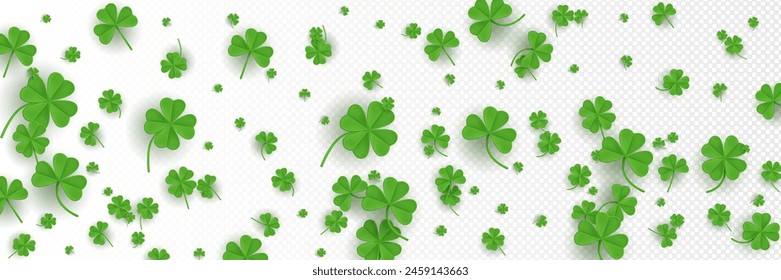 Clover leaves pattern on transparent background. Vector realistic illustration of green shamrock plant, good luck symbol, traditional decoration for Saint Patrick Day banner, floral poster backdrop