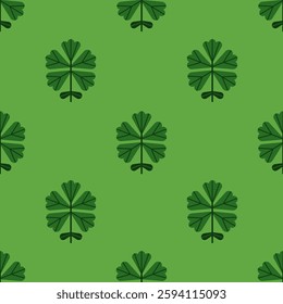 Clover leaves, seamless nature pattern. Green four-leaf plant, endless botanical design for St. Patrick's Day. Spring background, print for textile, wallpaper and wrapping. Flat vector illustration