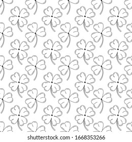 Clover leaves seamless pattern black silhouette isolated on white background. Lucky four leaf clover or shamrock clover. Vector floral linear simple endless texture for Irish St. Patrick's day.