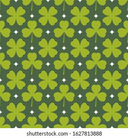 Clover leaves seamless pattern. Green Shamrock spring background. Happy St Patricks Day design. Cute simple print. Vector illustration.