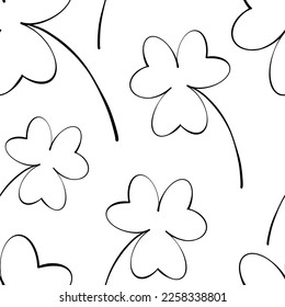 Clover leaves seamless pattern. Line art style. Hand drawn clover leaves. Vector illustration on white.