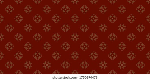 Clover leaves seamless pattern myth plant geo floral motif. Quatrefoil beautiful decorative ornament pretty gold foliage on red background. Minimal small flowers allover oriental print block.