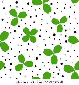 Clover leaves seamless pattern. Shamrock green spring background. Happy St Patricks Day design. Cute simple dotted design. Vector illustration.