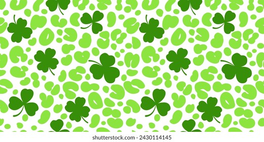 Clover leaves seamless pattern. Shamrock vector background for Irish St. Patrick Day. Spring holiday illustration with green trefoils on white background with leopard cheetah backdrop.