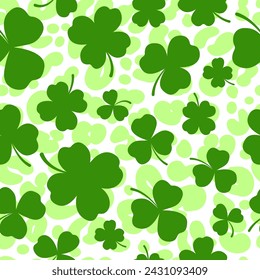 Clover leaves seamless pattern. Shamrock vector background for Irish St. Patrick Day. Spring holiday illustration with green trefoils on white background with leopard cheetah backdrop