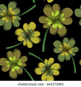 Clover leaves seamless pattern. Vector illustration on black background