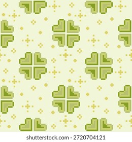 El trébol deja un patrón sin fisuras. Planta mágica afortunada y estrella brillante caprichosa. Fondo para el día de San Patricio. Lindo trébol verde de cuatro hojas. Folk celta irlandesa.Geometrie pixel retro bordado, étnico, estilo de punto de cruz.Ilustración vectorial dibujado a mano para la celebración, de moda, fiesta, decoración del elemento, de temporada