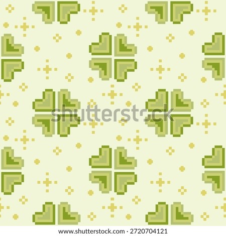 Clover leaves seamless pattern.Lucky magical plant and whimsical sparkling star. Background for St.Patrick's Day.Cute green shamrock four leaf. Irish Celtic folk.Geometrie pixel retro embroidery, ethnic,cross stitch style.Vector illustration handrawn for celebration, trendy,holiday,element decoration,seasonal