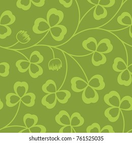 Clover leaves seamless vector pattern. St. Patrick's Day green background. Shamrock wallpaper.