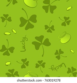 Clover leaves seamless vector pattern. St. Patrick's Day green background. Shamrock wallpaper.
