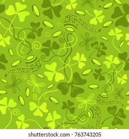 Clover leaves seamless vector pattern. St. Patrick's Day green background. Shamrock wallpaper.