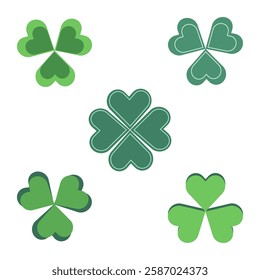 Clover leaves set, green shamrock icons, lucky Irish sign Saint Patrick's Day symbol good luck sign. Green leaves on white. Vector illustration EPS 10