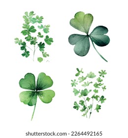 Clover leaves set - quarterfoil and trefoil. Watercolor vector illustration. Patricks Day design element.