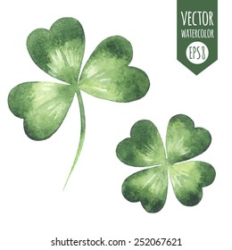 Clover leaves set - quarterfoil and  trefoil. Watercolor vector illustration. Patricks Day design element.