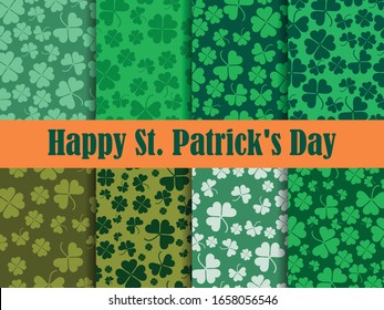 Clover leaves set of seamless patterns. St. Patrick's Day, Irish holiday. Background for greeting card, wrapping paper, promotional materials. Vector illustration