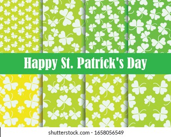 Clover leaves set of seamless patterns. St. Patrick's Day, Irish holiday. Background for greeting card, wrapping paper, promotional materials. Vector illustration