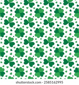 Clover leaves Shamrock, Quatrefoil and decorative hearts Seamless Pattern. St Patrick Day Background