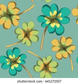 Clover leaves in various colors seamless pattern. Vector illustration on turquoise background