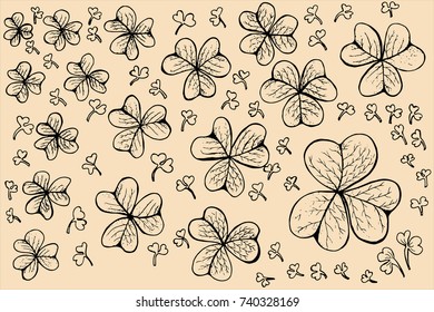 clover leaves vector sketch on pastel background.