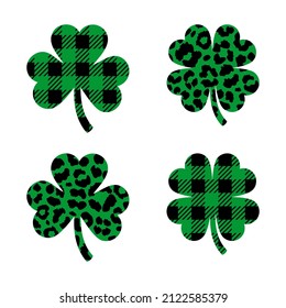 Clover leopard print, Plaid pattern shamrock icons, Four leaf clover icons, Clover symbol of St. Patrick's Day. Vector illustration
