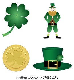 clover, leprechaun, hat and gold coin symbols of St. Patrick's Day 