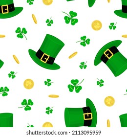 Clover, leprechaun hat and gold coin patrick day seamless pattern