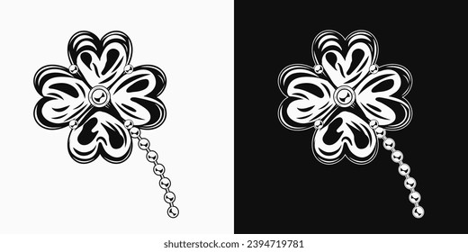 Hermano como broche de joyas, encanto. Shamrock de suerte con 4 hojas. Decoración del Día de San Patricio. Ilustración monocroma en blanco y negro. Estilo vintage