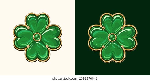 El encanto de las joyas de enamel verde en marco dorado. Shamrock de suerte con 4 hojas. Decoración del Día de San Patricio. Estilo vintage