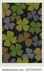 Clover magic leaf vector banner, hand drawn doodle illustration. Interior poster. St Patricks Day symbols, Irish lucky shamrock on dark background.