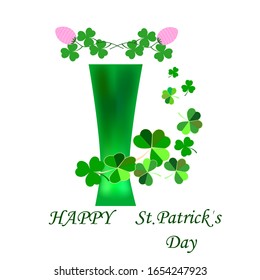 Clover and mug for green beer. Symbol fortune, success, traditional ireland festival, holiday St. Patrick. Fashion modern design. Color template for prints, card, wrapping, etc. Vector illustration.